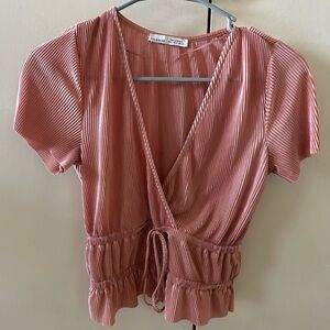 Pull&Bear Dusty Rose Pleated Wrap Short Sleeve Top